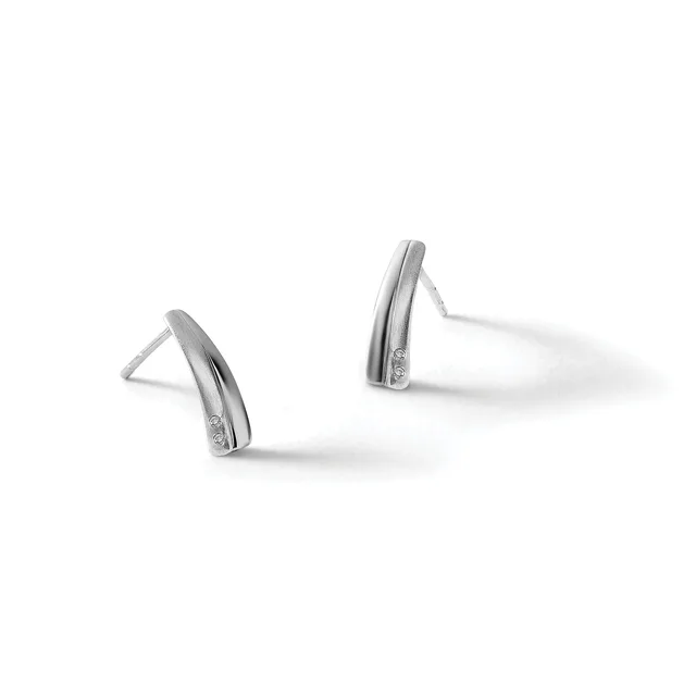Pair of silver curved stud earrings with a polished finish and small stamped hallmark, shown against a white background.