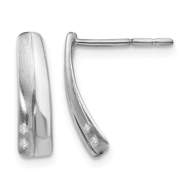 A pair of silver curved bar earrings with textured finish and small diamond accents, shown from front and side views.