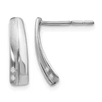 A pair of silver curved bar earrings with textured finish and small diamond accents, shown from front and side views.