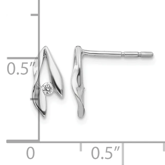 A pair of silver stud earrings with curved leaf-like designs featuring small round diamonds, shown against a measurement scale indicating approximately 0.5 inches in length.