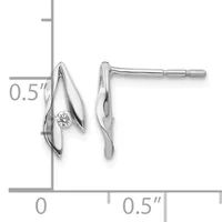 A pair of silver stud earrings with curved leaf-like designs featuring small round diamonds, shown against a measurement scale indicating approximately 0.5 inches in length.