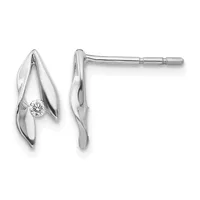 Pair of silver teardrop stud earrings with small round diamonds set at the center, shown from front and side views.