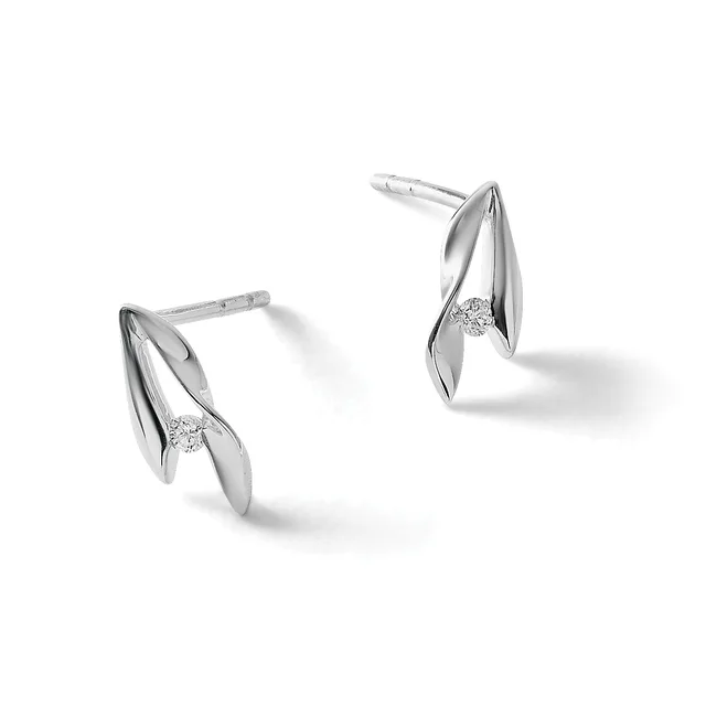 Pair of silver stud earrings with leaf-shaped designs featuring diamond accents, shown from two angles against a white background.
