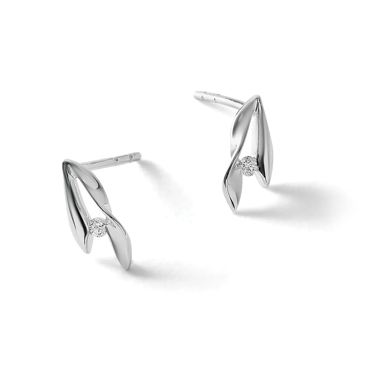 Pair of silver stud earrings with leaf-shaped designs featuring diamond accents, shown from two angles against a white background.