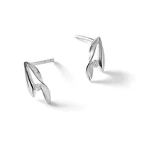 Pair of silver stud earrings with leaf-shaped designs featuring diamond accents, shown from two angles against a white background.
