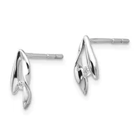 Pair of silver drop earrings with leaf-shaped designs and small round diamonds, shown on posts with backs.