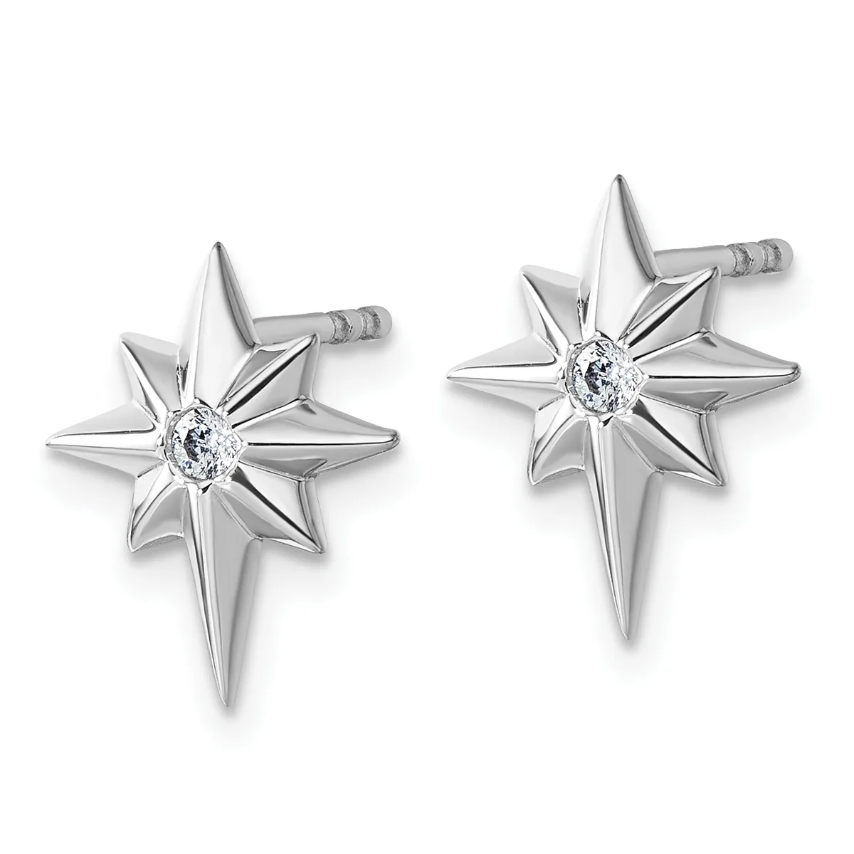 A pair of silver star-shaped stud earrings with pointed rays and round diamond centers, shown from the front.