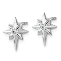 A pair of silver star-shaped stud earrings with pointed rays and round diamond centers, shown from the front.