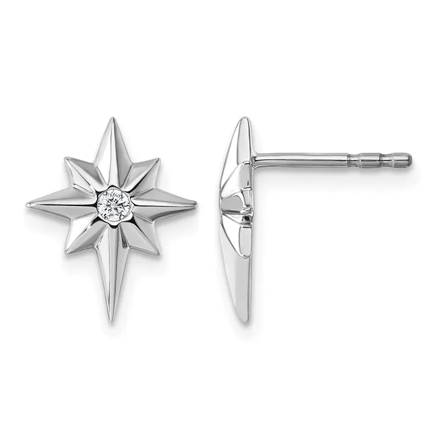 Pair of silver star-shaped stud earrings with pointed rays and round diamond centers, shown from front and side views.