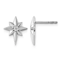 Pair of silver star-shaped stud earrings with pointed rays and round diamond centers, shown from front and side views.