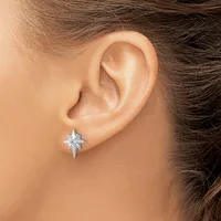 A person wearing a four-pointed star earring in silver metal on their earlobe.