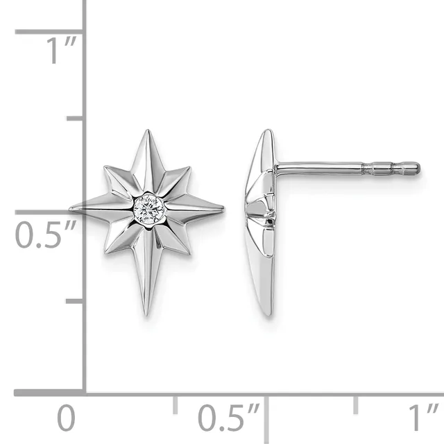 Pair of silver star-shaped stud earrings with diamond centers, shown from front and side view with measurement scale indicating approximately 0.5 inch width.