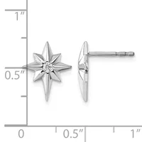 Pair of silver star-shaped stud earrings with diamond centers, shown from front and side view with measurement scale indicating approximately 0.5 inch width.