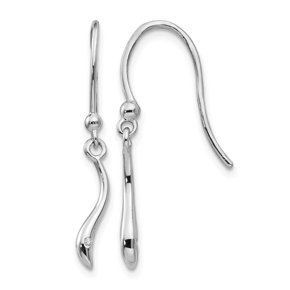 A pair of silver-toned fish hook earrings with curved wire designs, displayed against a white background.