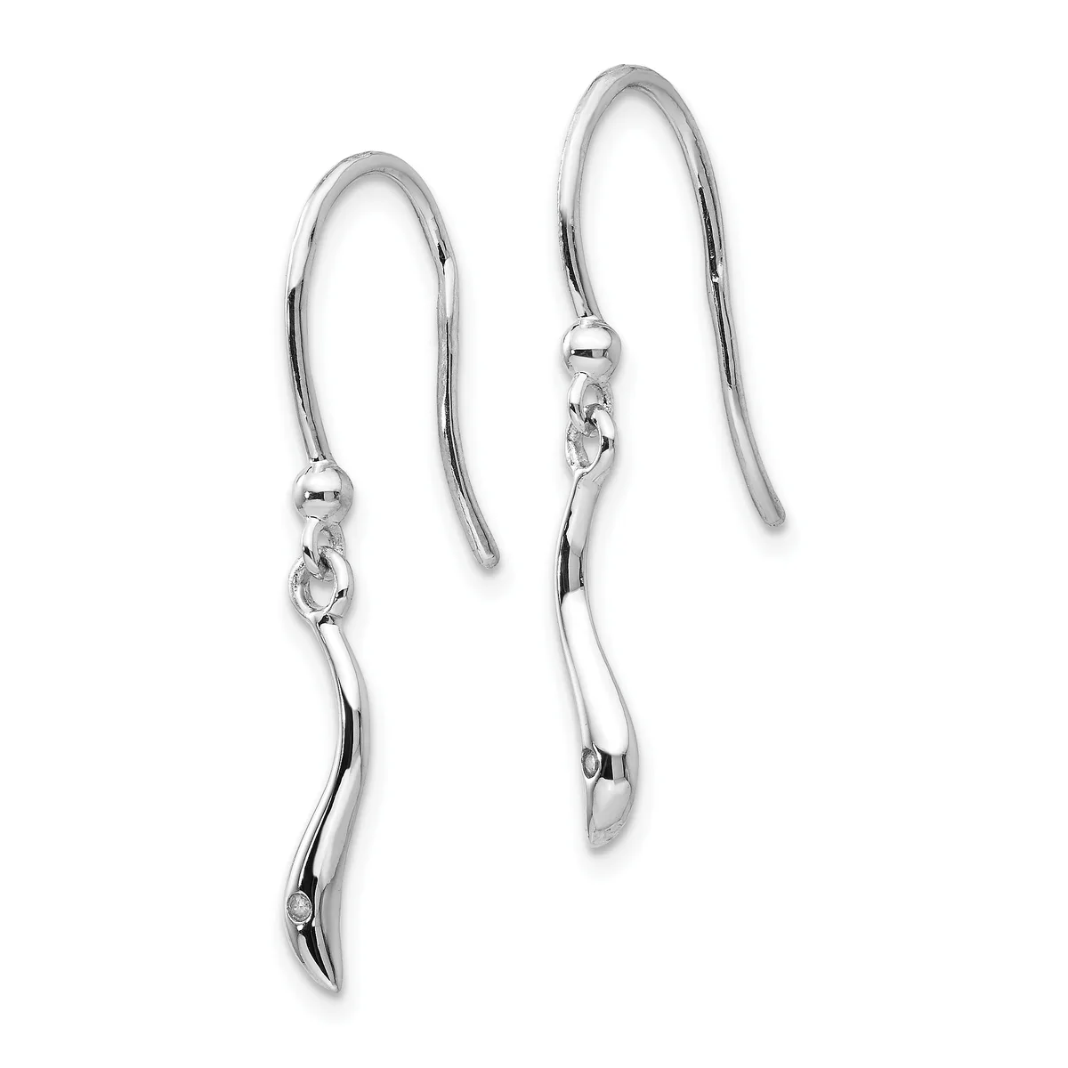 A pair of silver-colored hook earrings with twisted or curved metal drops hanging from small ball connectors.