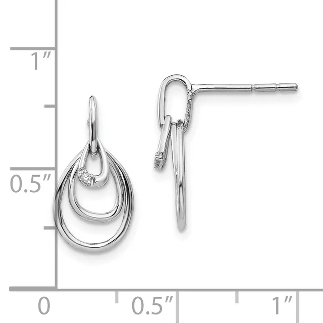 Silver teardrop earrings with nested oval loops and a small diamond accent, displayed next to a ruler showing approximately one inch in length.