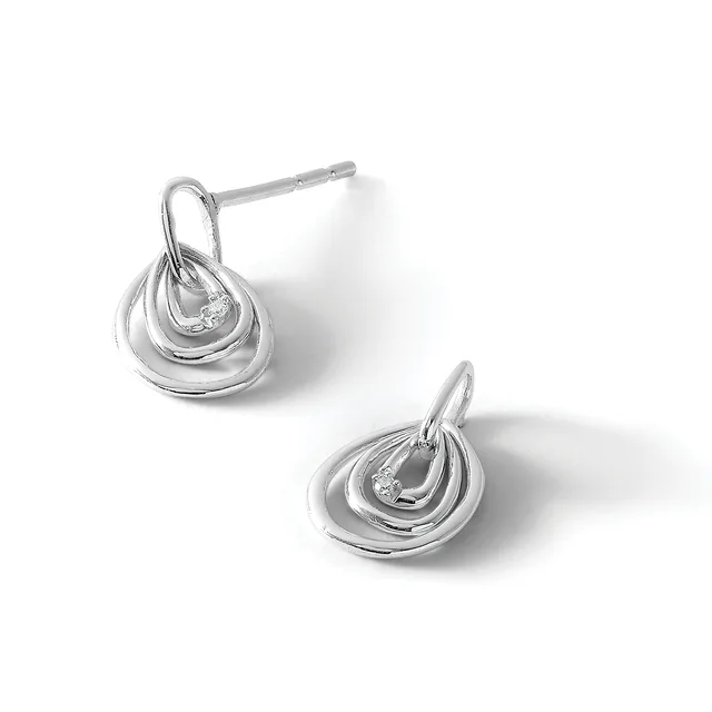 A pair of silver teardrop stud earrings with layered curved bands, shown from front and side angles.