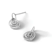 A pair of silver teardrop stud earrings with layered curved bands, shown from front and side angles.