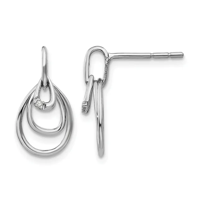 Pair of silver teardrop earrings with concentric oval loops and small diamond accents, shown from front and side views with post and clutch backs.