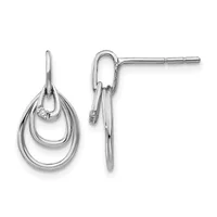 Pair of silver teardrop earrings with concentric oval loops and small diamond accents, shown from front and side views with post and clutch backs.