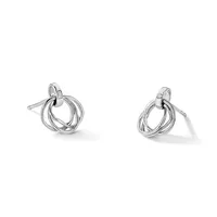 A pair of silver stud earrings with interlocking twisted ring designs, shown from front and side angles.