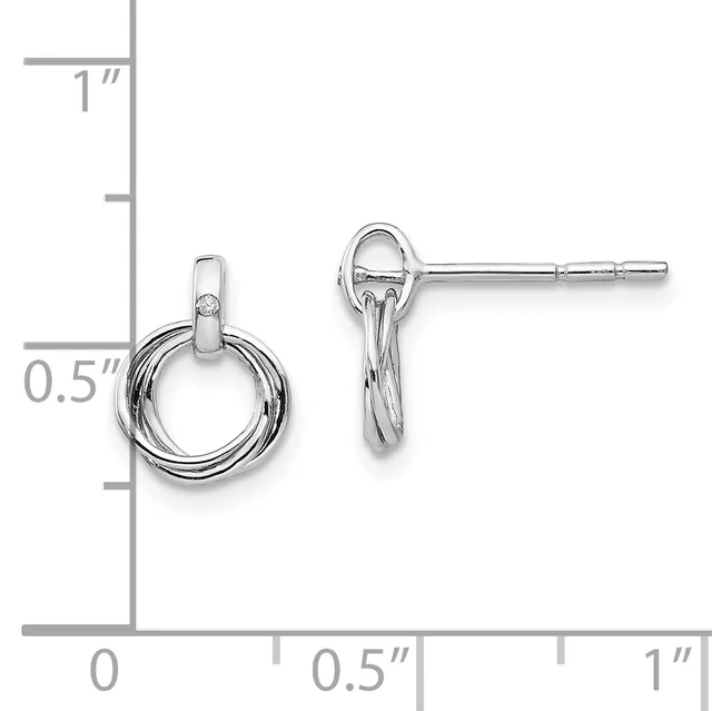 Silver-toned small stud earrings with interlocking circular loops, shown next to a measurement scale indicating approximately half an inch in height.