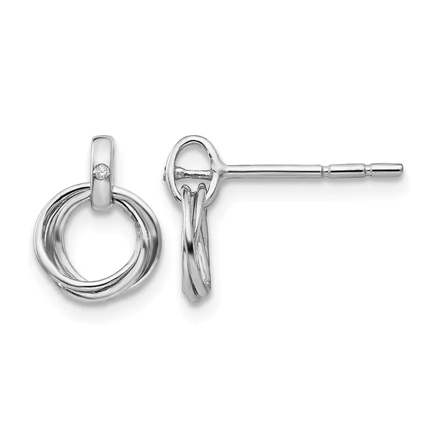 Pair of silver-toned interlinked circle drop earrings with post and clutch backs, shown from front and side views.