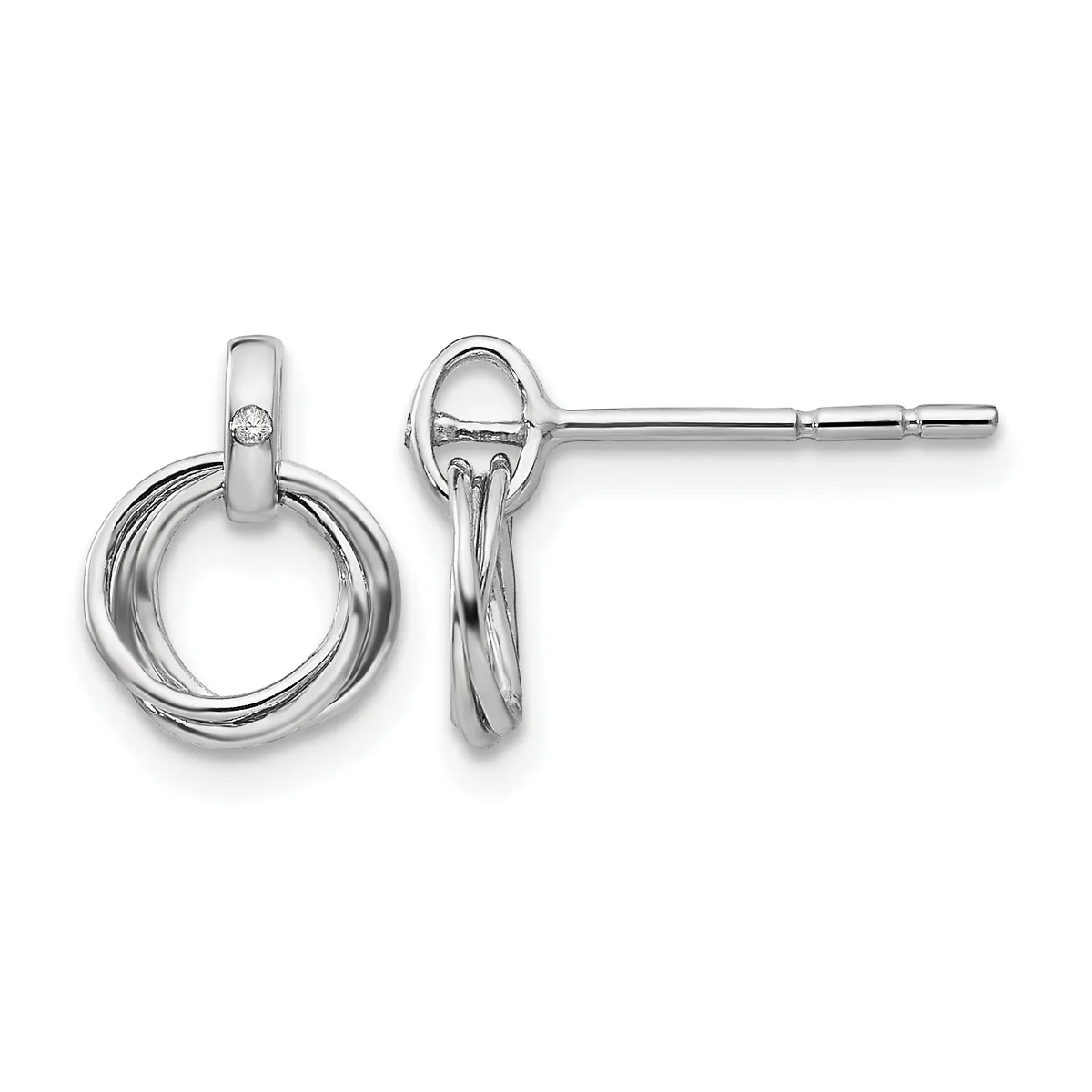 Pair of silver-toned interlinked circle drop earrings with post and clutch backs, shown from front and side views.