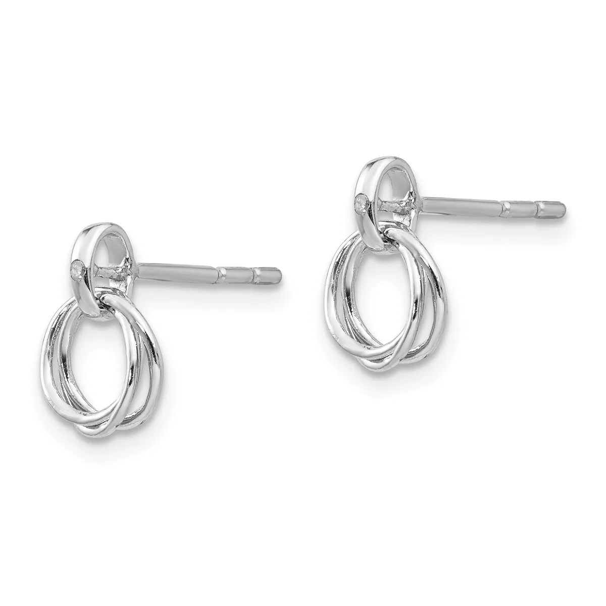 A pair of silver drop earrings with interlocking oval loops hanging from small stud posts, shown from the front against a white background.