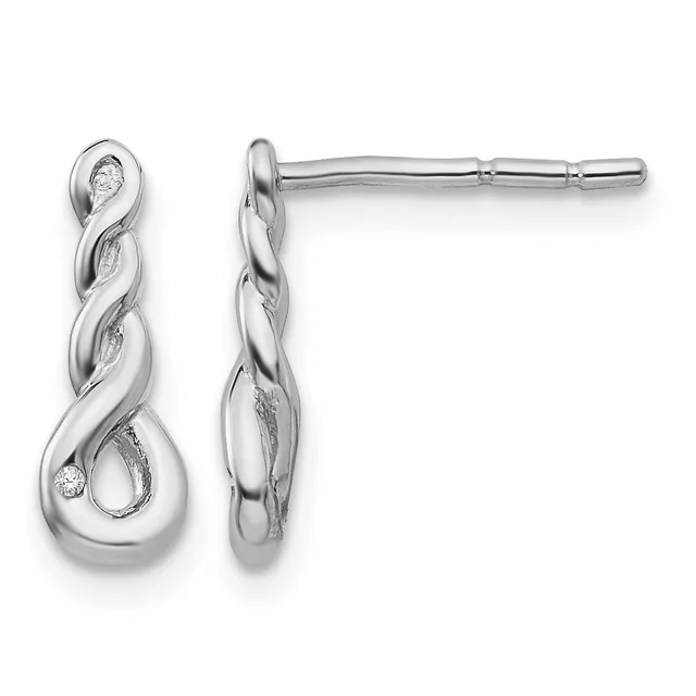 Pair of silver twisted drop earrings with small diamond accents, shown from front and side views, featuring post and clutch closures.