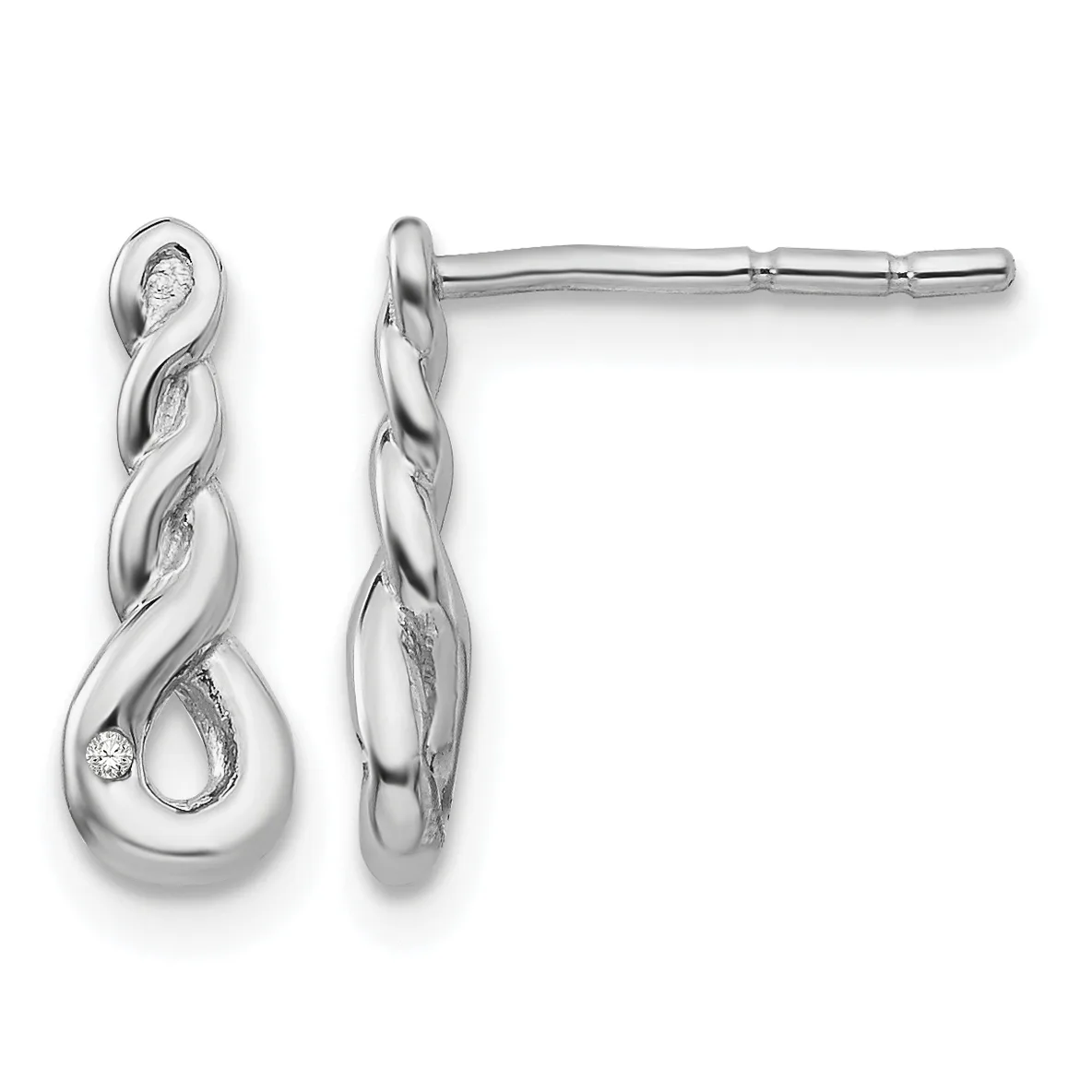 Pair of silver twisted drop earrings with small diamond accents, shown from front and side views, featuring post and clutch closures.