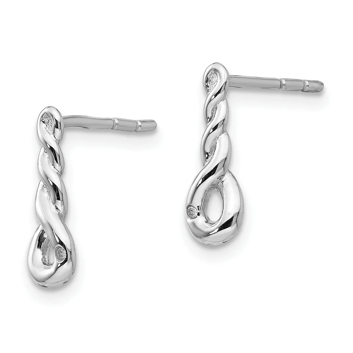 Pair of silver twisted drop earrings with teardrop-shaped bottoms and small diamond accents, shown from front and side views.