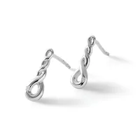 A pair of silver twisted teardrop earrings with post backs, displayed against a white background.