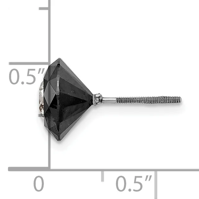 Black diamond stud earring with metal post and threaded backing shown against a ruler measuring approximately 0.5 inches in diameter.