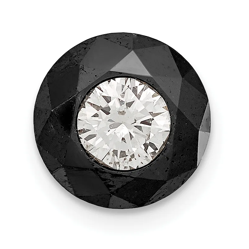 A faceted black gemstone with a colorless round brilliant diamond set in its center, photographed against a white background.