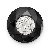 A faceted black gemstone with a colorless round brilliant diamond set in its center, photographed against a white background.