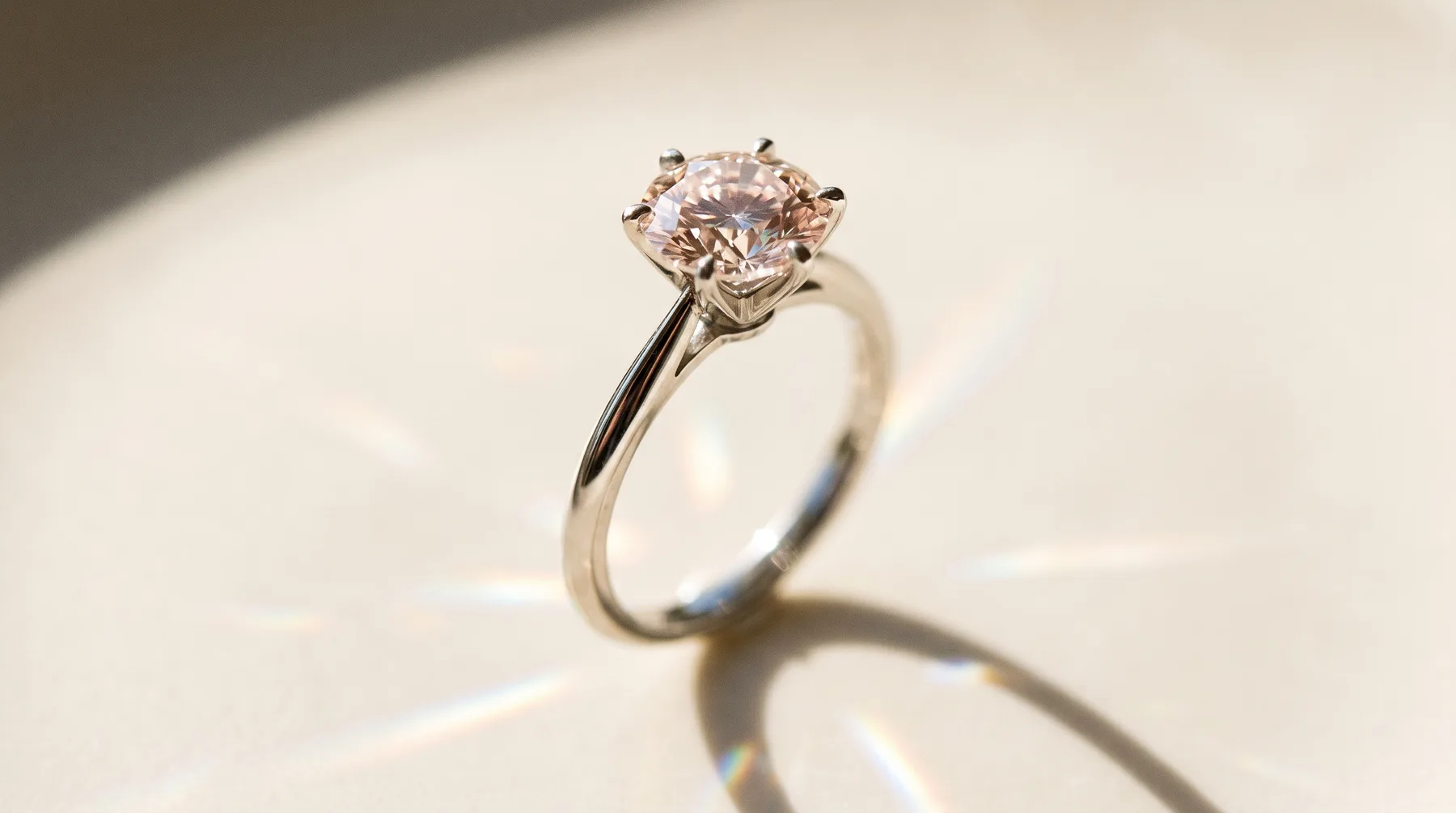 A classic prong-set solitaire engagement ring with a round brilliant stone on a plain band, standing upright on porcelain with light rays refracting around it.