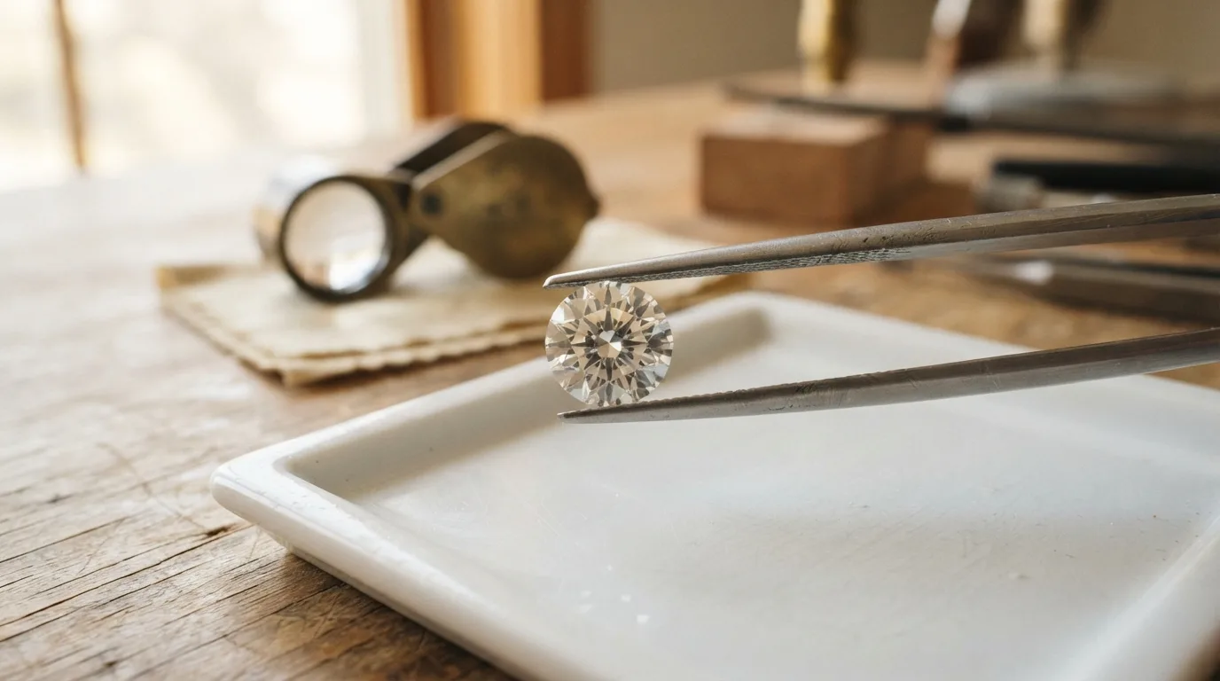 Jeweler's tweezers holding a round-cut diamond over a white tray, with a loupe magnifier and tools on a wooden workbench in the background.