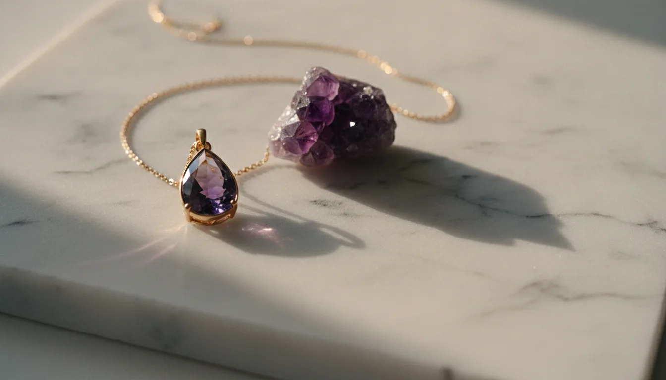 A gold chain necklace with a teardrop amethyst pendant lying on a white marble surface next to a rough amethyst crystal cluster.