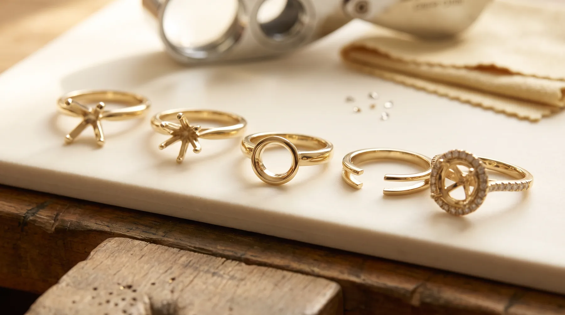Five unset gold ring mountings on white marble — prong solitaire heads, a bezel rim, an open shank, and a diamond halo mounting — with loose melee stones and a jeweler's loupe behind.