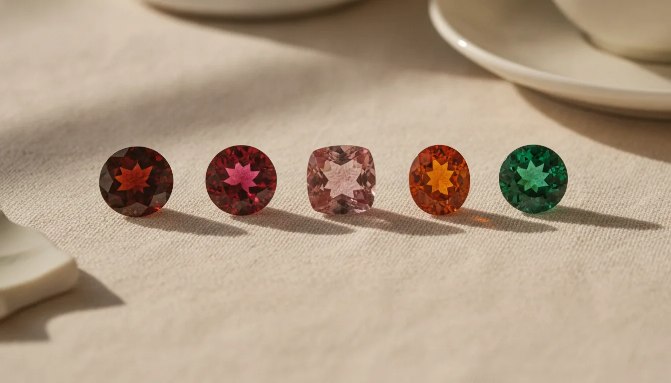Five loose garnets in a row on ivory linen: deep red almandine, wine-red pyrope, raspberry rhodolite, orange spessartine, and green tsavorite