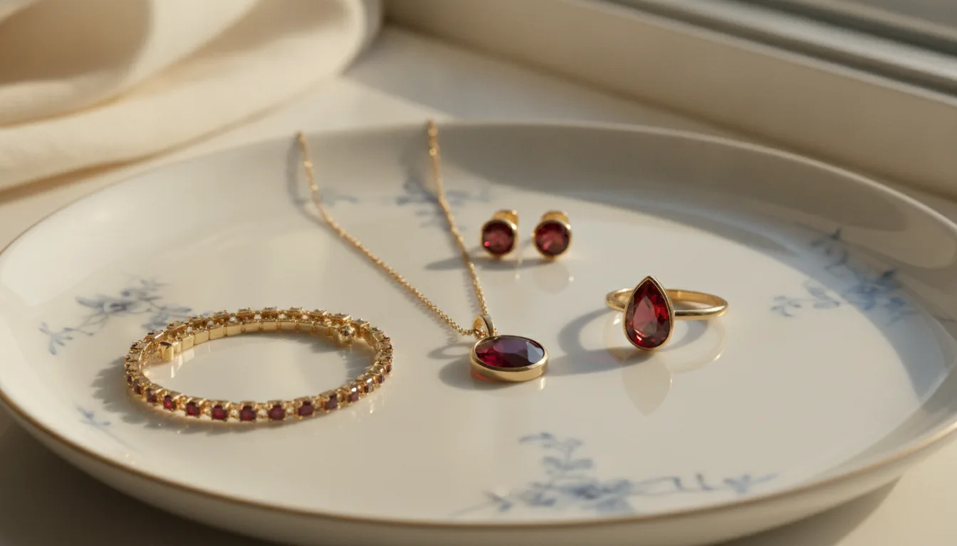 A garnet jewelry wardrobe on a porcelain plate: a garnet line bracelet, a gold pendant necklace, garnet studs, and a pear-cut garnet ring