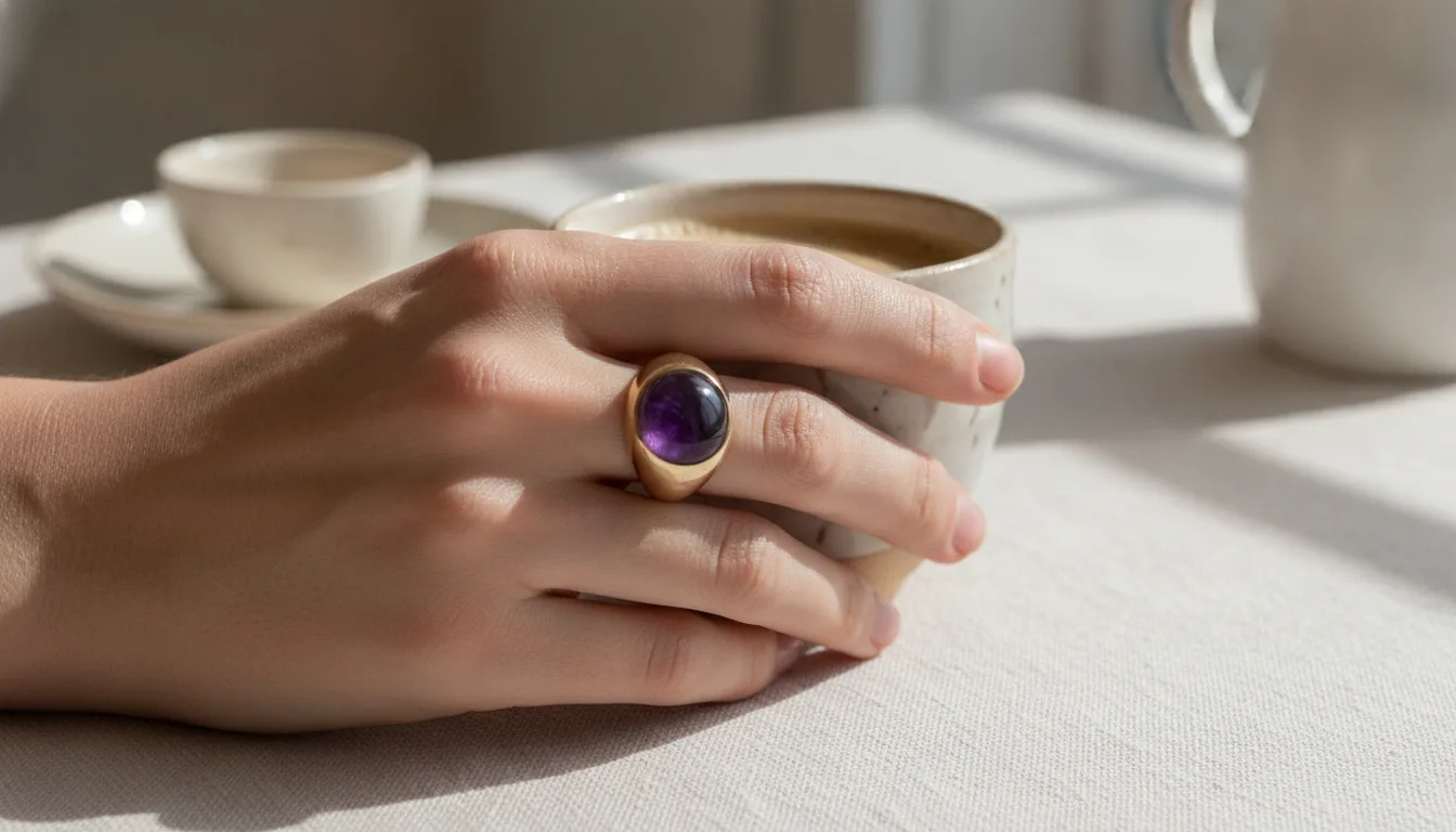 A hand wearing a gold ring with a deep purple amethyst cabochon, resting against a ceramic coffee cup