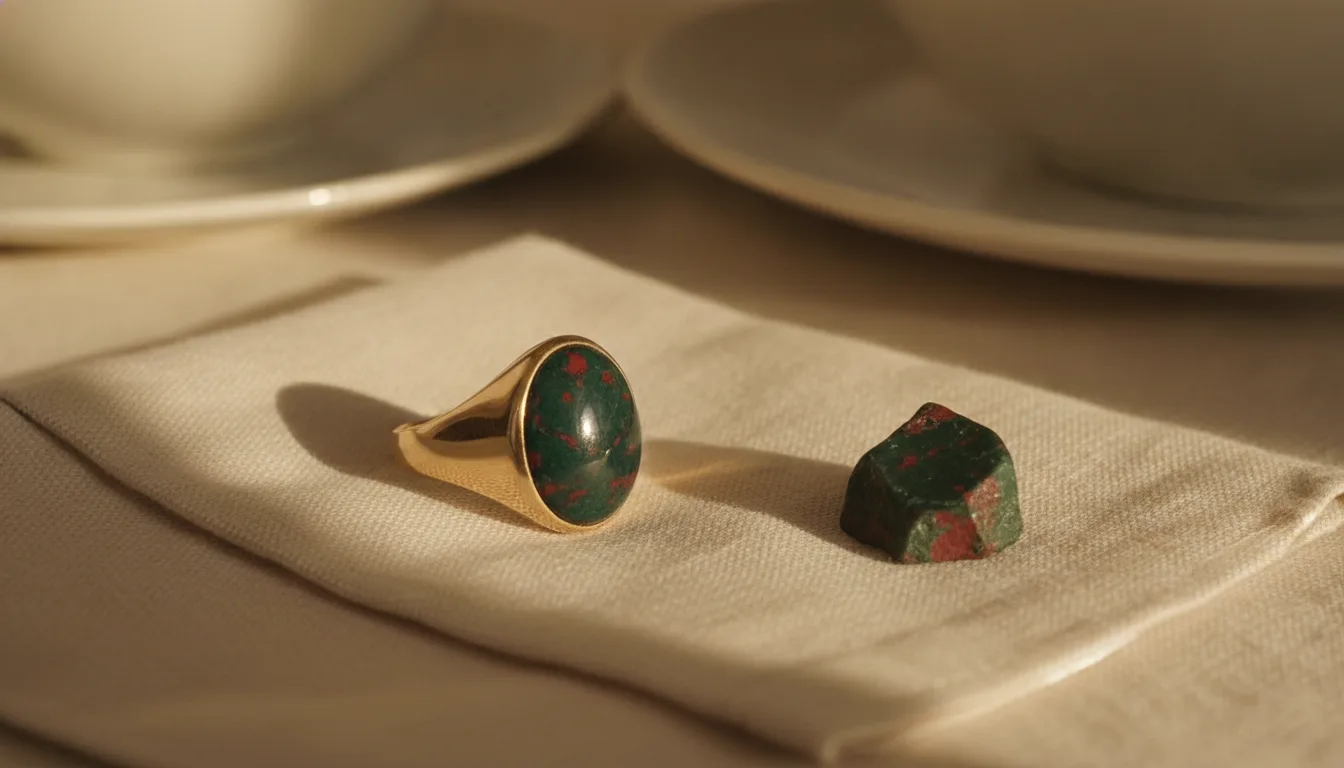 A gold signet ring set with a dark green bloodstone flecked in red, beside a rough bloodstone chunk on ivory linen