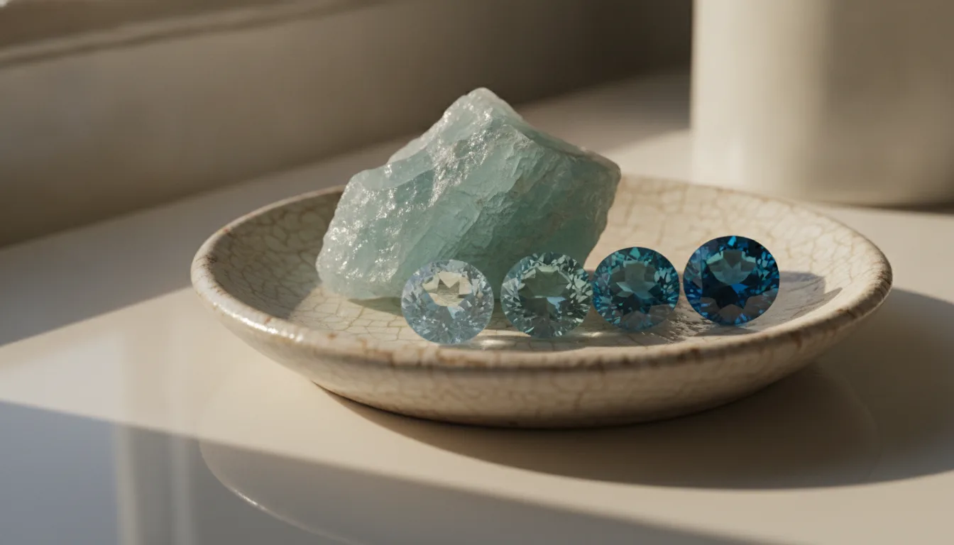 A rough aquamarine crystal on a crackled ceramic dish beside four round-cut blue gems stepping from pale ice to deep sea-blue