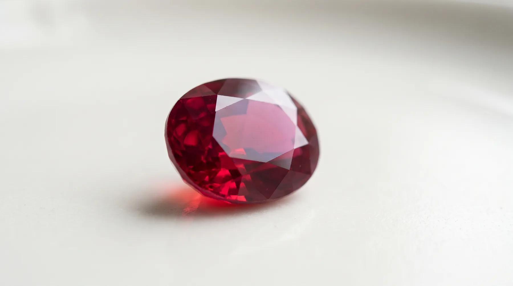 A single oval faceted ruby of deep vivid red resting on a pale porcelain surface, throwing a small pool of red light into its own shadow