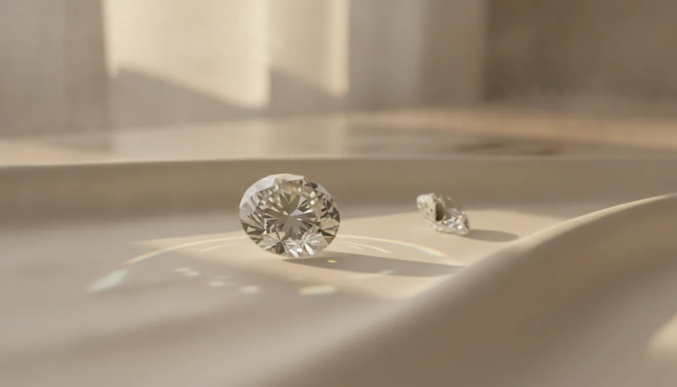 Two round-cut diamonds resting on a smooth beige surface, with soft light casting subtle rainbow reflections around them.