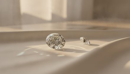 Two round-cut diamonds resting on a smooth beige surface, with soft light casting subtle rainbow reflections around them.