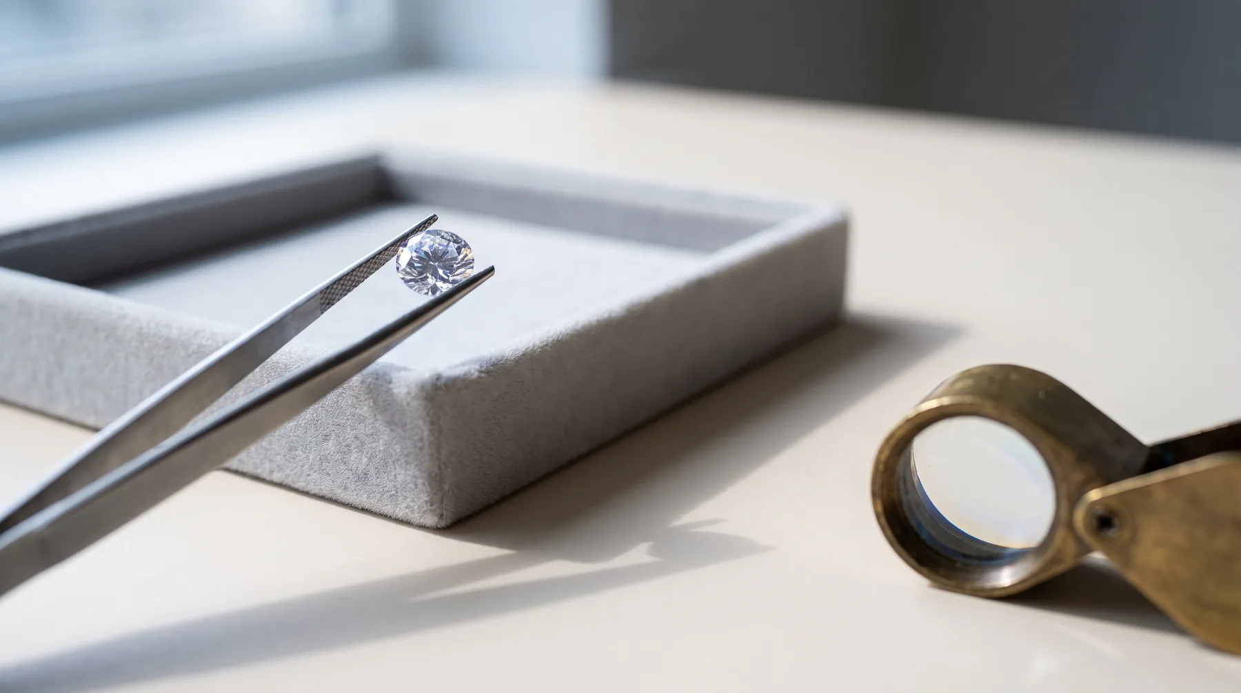 A loose round brilliant diamond held in steel tweezers above a grey velvet grading tray, with a brass jeweler's loupe lying on the pale surface beside it.