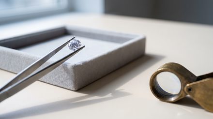 A loose round brilliant diamond held in steel tweezers above a grey velvet grading tray, with a brass jeweler's loupe lying on the pale surface beside it.